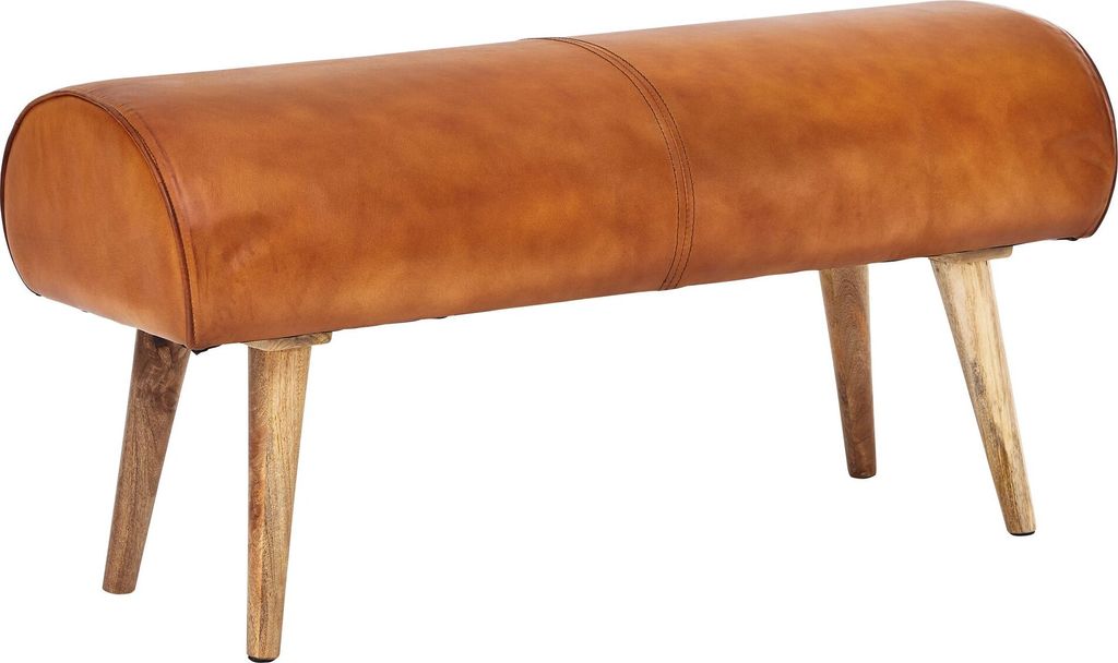 Sitzbank Echtleder / Massivholz Bank 100x53x40 cm, 2er Polsterbank Flur Springbock Braun, Kleine Bettbank Leder, Dielenmöbel Flurbank