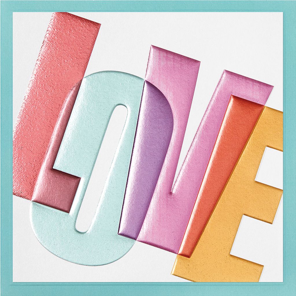 Allgemeine Wünsche Prisma Collection unverpackte Glückwunschkarte mit Briefumschlag LOVE bunte Buchstaben mit Prägung