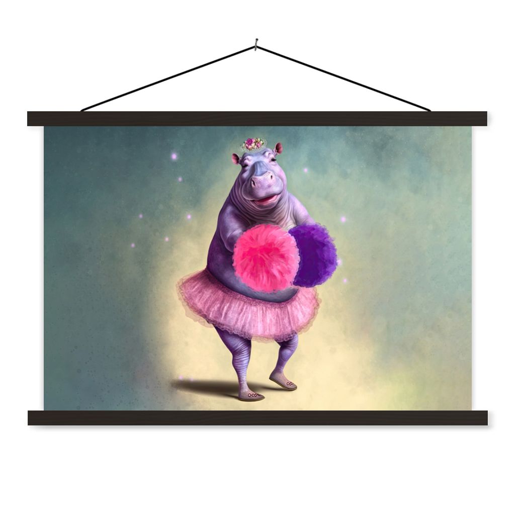 MuchoWow Textilposter Nilpferd - Blumen - Ballerina - Pompons - Porträt - Kinder 150x100 cm mit schwarzem Rahmen - Schlafzimmer