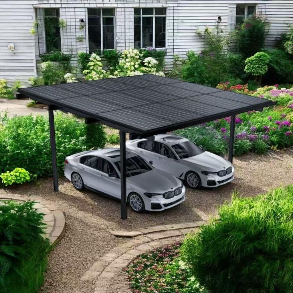 Luxus Solarcarport für 2 Autos aus Aluminium, Schwarz – 6,45 kWp Photovoltaik mit 15x 430W AESOLAR Solarmodulen