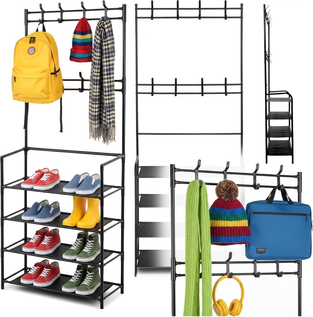 A collage of images showing a black metal coat rack with shoe shelves, displaying various accessories like a yellow backpack, hats, scarves, shoes, boots, and headphones.