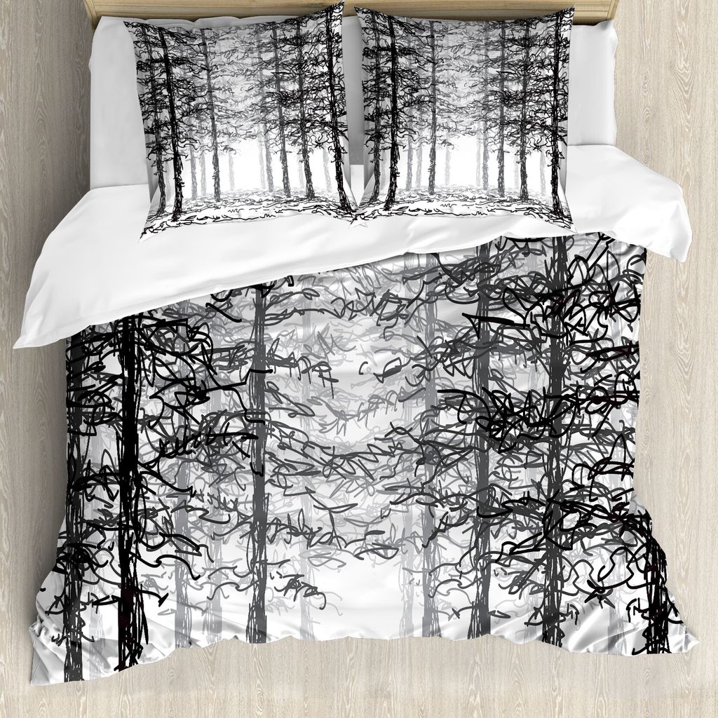 ABAKUHAUS Wald Bettbezug, Sketch Stil-Linie Kunst, Milbensicher Allergiker geeignet mit Kissenbezügen, 155 cm x 220 cm - 80 x 80 cm, Schwarz, Grau...