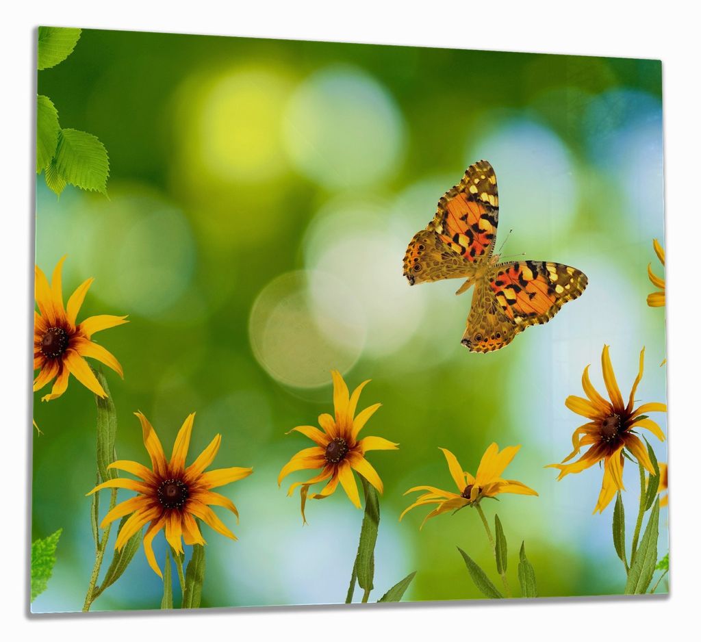 Wallario Herdabdeckplatte aus Glas, Größe 60 x 52 cm 1-teilig, Motiv Blumen mit Schmetterling