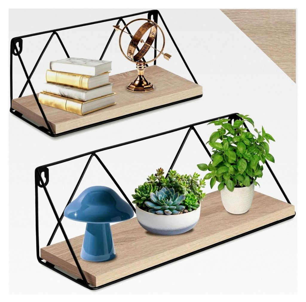Wandregal Holz im 2er Set, Hängeregal für Wohnzimmer, Schlafzimmer, Küche, Büro und Badezimmer - Helles Industrial Holz, Eiche Sonoma