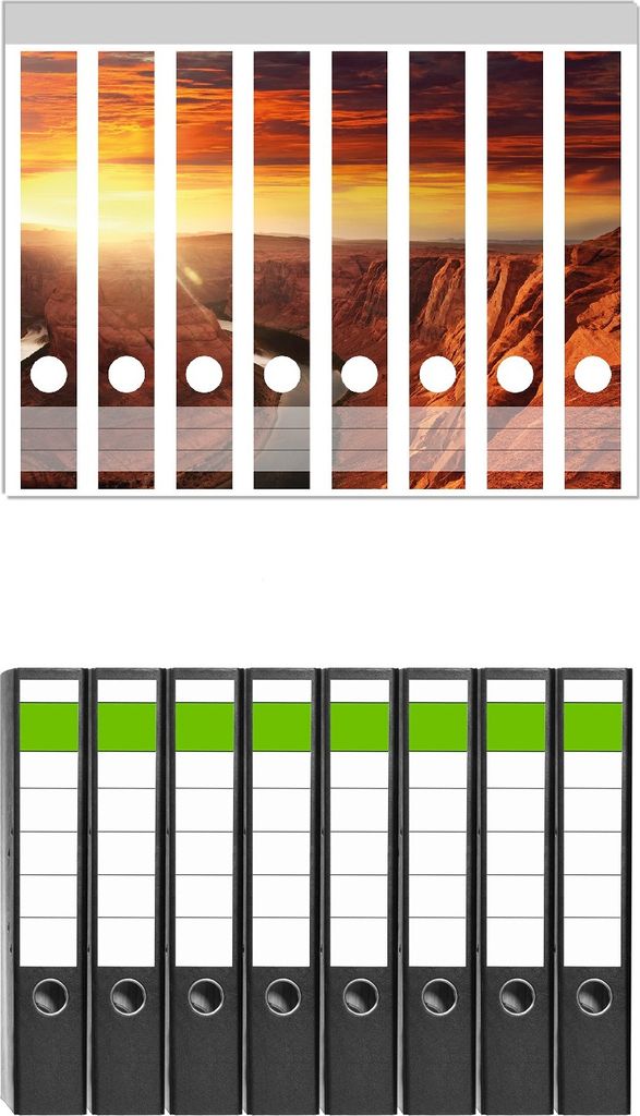 Wallario 8 Stück schmale Ordner inkl. Klebeetiketten mit Motive Grand Canyon bei Sonnenuntergang - Set mit Rückenschildern / Ordnerrücken Stickern
