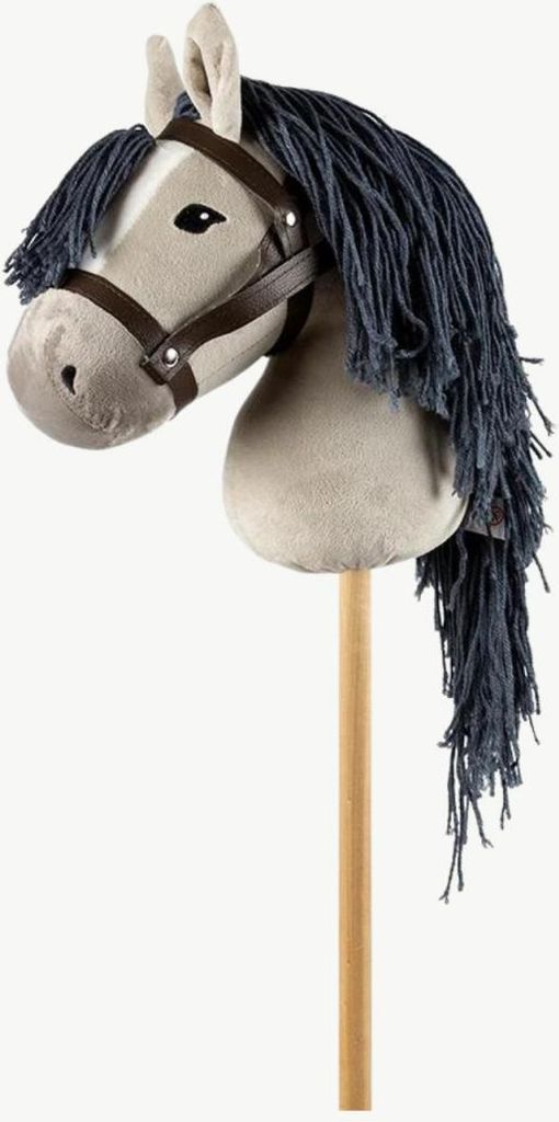 A grey hobby horse with a dark blue mane and brown bridle, mounted on a wooden stick.