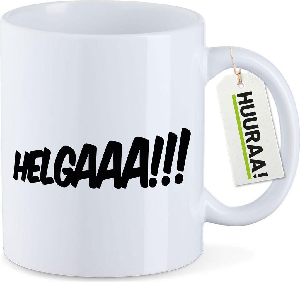 Huuraa Kaffeetasse Helgaaa Schriftzug 330ml Weiß Keramik Kaffeebecher Geschenkidee