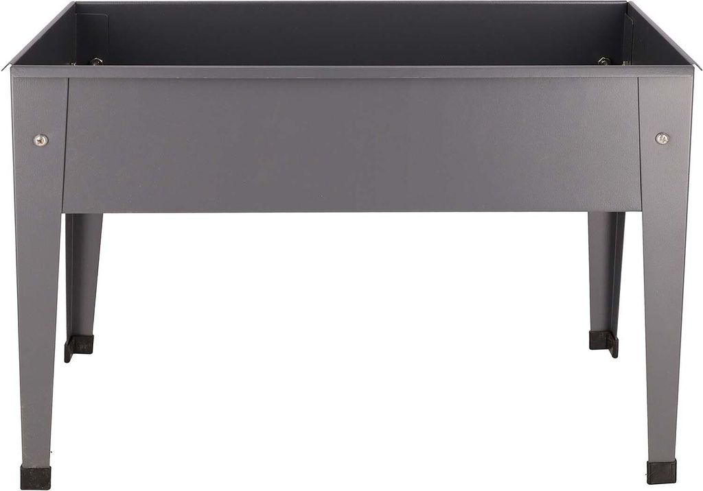 A gray metal raised garden bed with four legs, shown from the front.