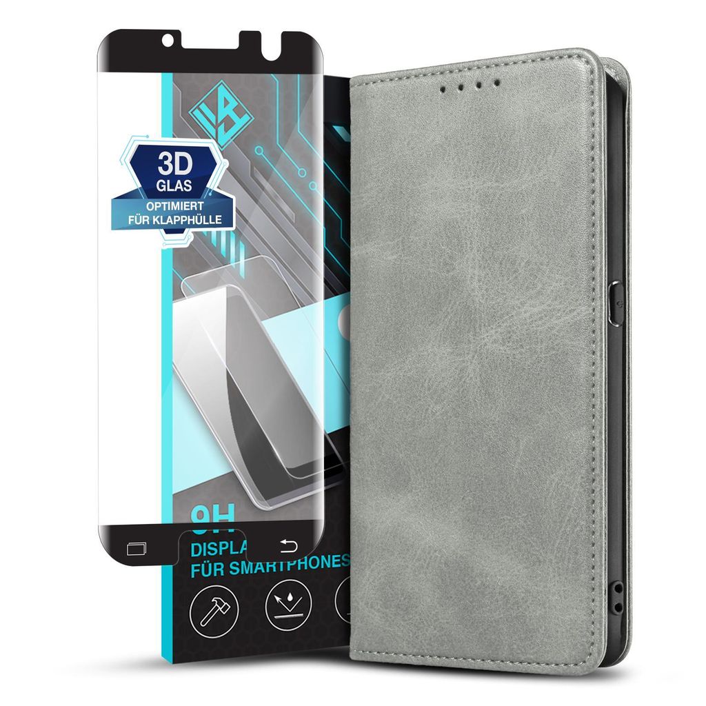 Handyhülle für Samsung Galaxy S7 Edge mit 9H Displayglas Kunstleder Flip Cover Hülle Handytasche Case Kartenfach Farbe: Grau