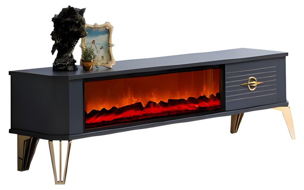 Exklusiver TV-Schrank mit goldenen Details Schublade mit Metallgriff und Kamin