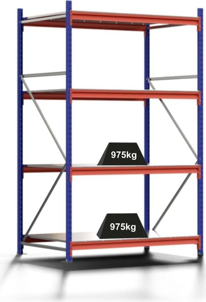 Weitspannregal MOOSE Stecksystem Omega-Profil | Grundregal | HxBxT 250x150x100cm | 4 Ebenen | Stahlplatten-Fachboden | Fachlast 975kg | Enzianblau/...