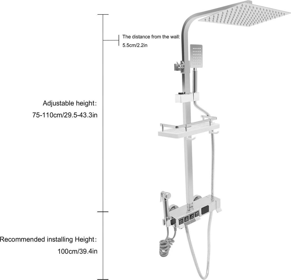 Digitale Anzeige Duschsystem - Thermostat Duschset - 4‐Wege - LED Regendusche & Handbrause - Messing - Höhenverstellbar 75–110 cm - Silber