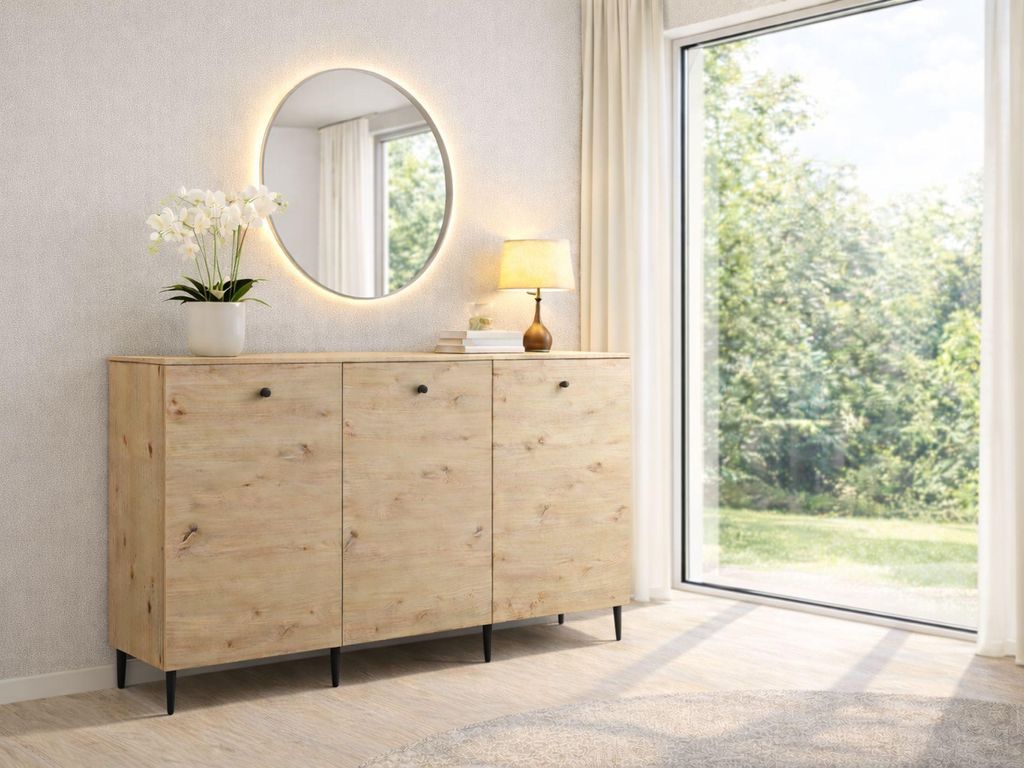 MONCLERO GF1 | Kommode LAVRE 3D 150 cm Eiche Artisan – Sideboard mit 3 Türen und 6 Fächern Loft Design Wohnzimmer Schlafzimmer 150x96,5x42 cm