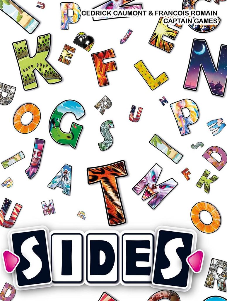 A collage of colorful letters and the word "SIDES" in large cards against a white background.