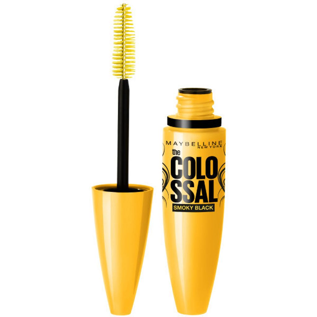 A Maybelline Colossal Smoky Black mascara tube and wand are shown against a white background.