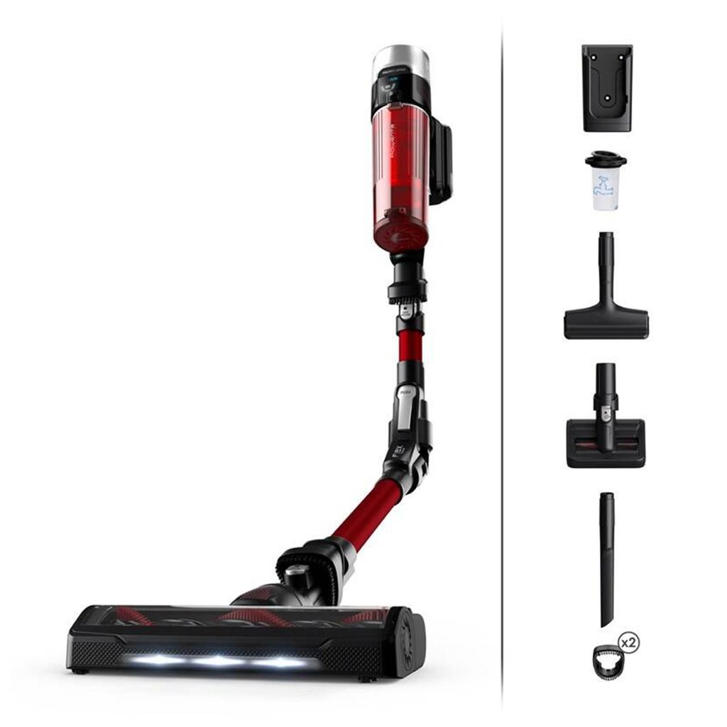 A cordless stick vacuum cleaner and its accessories are displayed against a white background.