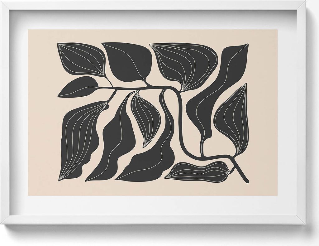 Minimalistische Illustration von Pflanzenblättern– Wandbild mit Rahmen – Gerahmtes Bild – Wanddekoration – 70x50 cm – Schwarz Rahmen