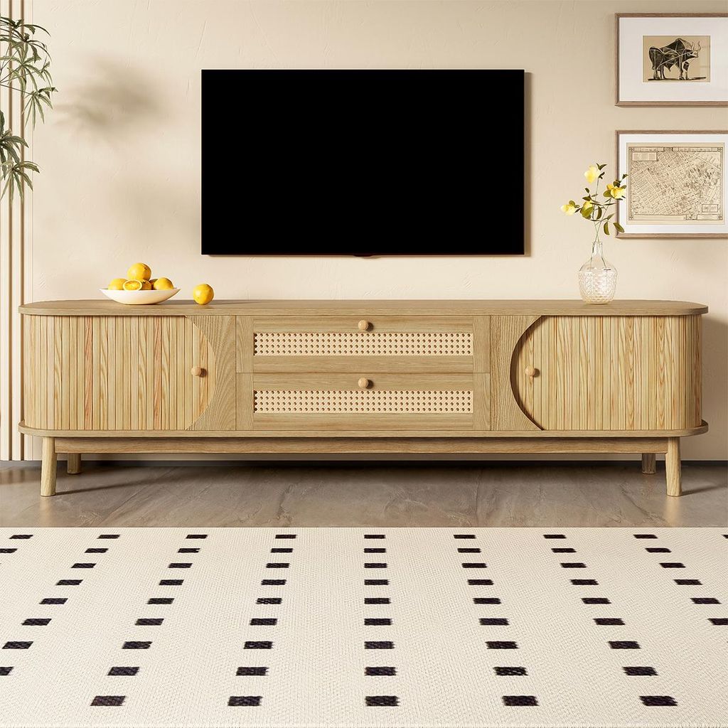 TV-Schrank mit Türen und Schubladen Rattanseiten TV-Tisch TV-Ständer 170 L x 39,5 B x46 H cm Natural