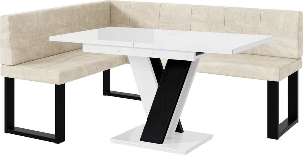 MEBLINI Eckbank für Esszimmer mit ausziehbarem Tisch - Küchenbank - Essecke - Sitzecke Küche - PETER - U-Beine 128x168x87cm Links - Creme Samt/M...