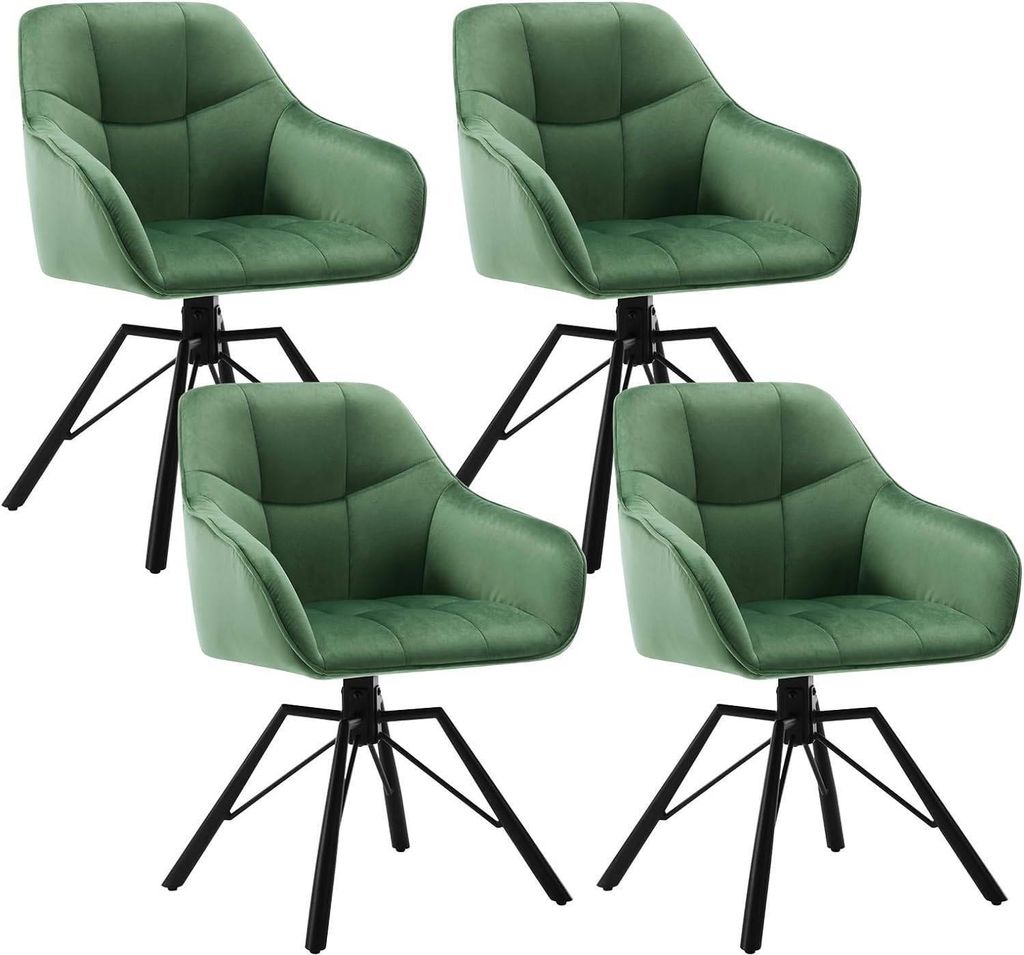 Four green velvet dining chairs with black metal legs are arranged in a grid formation against a white background.