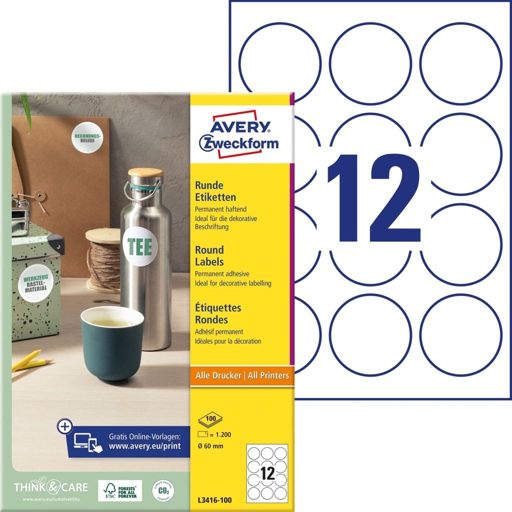 Avery Zweckform - Etikett Zweckform L3416 rund 60mm weiß 1200 Stück