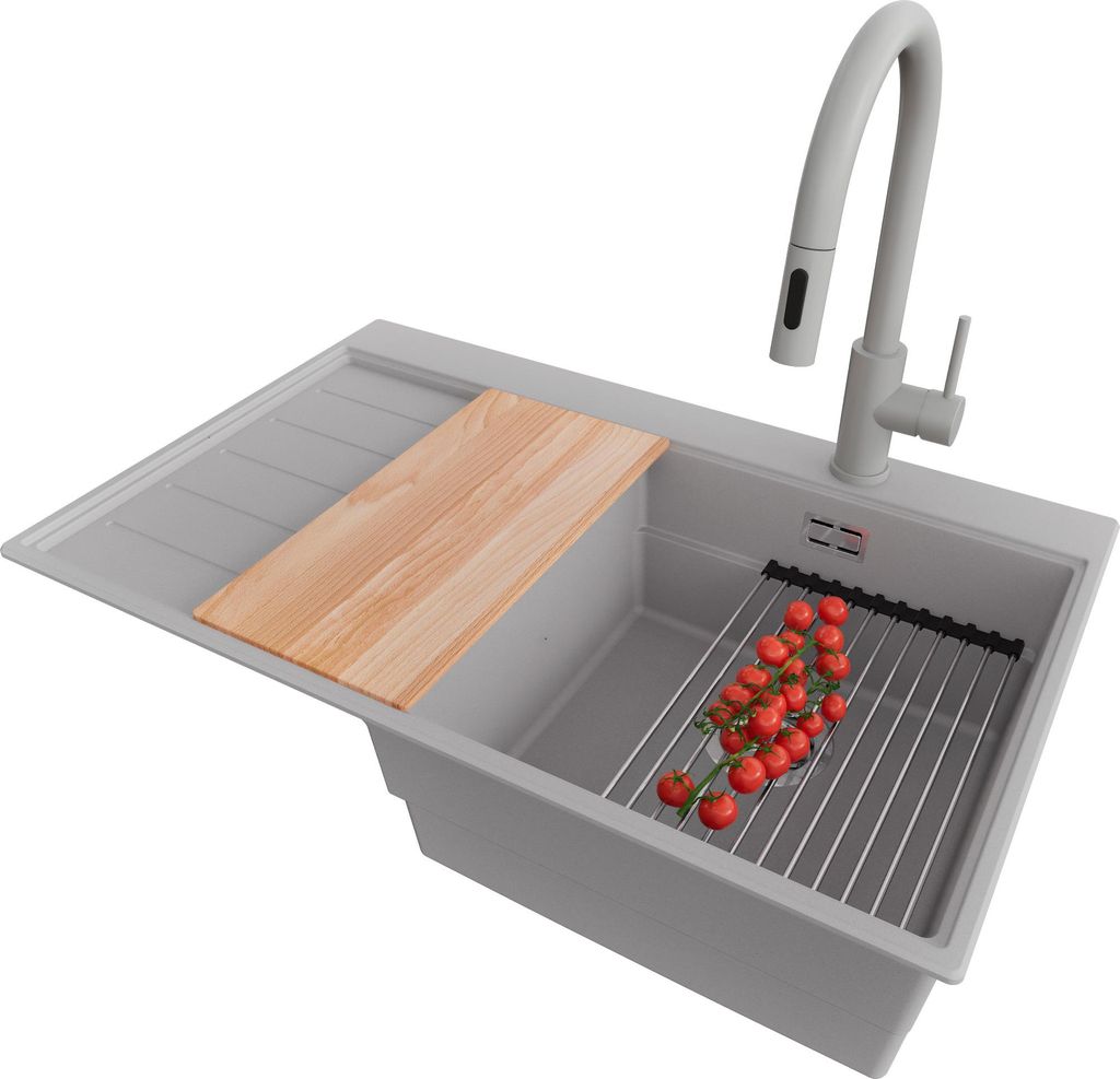 PRIMAGRAN Granitspüle Grau 78x50cm, Spülbecken 1 Becken + Küchenarmatur 40x20cm + Ablauf-Set + Küchenzubehörset, Küchenspüle ab 45er Untersc...