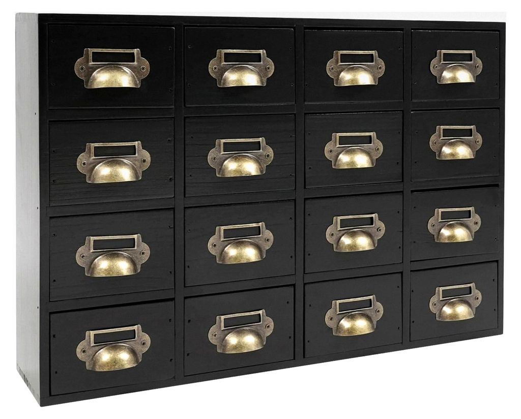 Vintage Kommode aus Holz, Apothekerschrank mit 16 Schubladen, kleiner Schubladenschrank, Organizer für Schreibtisch im Home Office (Schwarz)