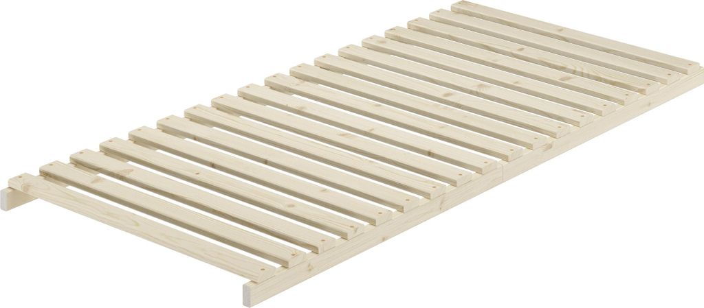 A wooden bed frame with slats, shown from a diagonal angle.