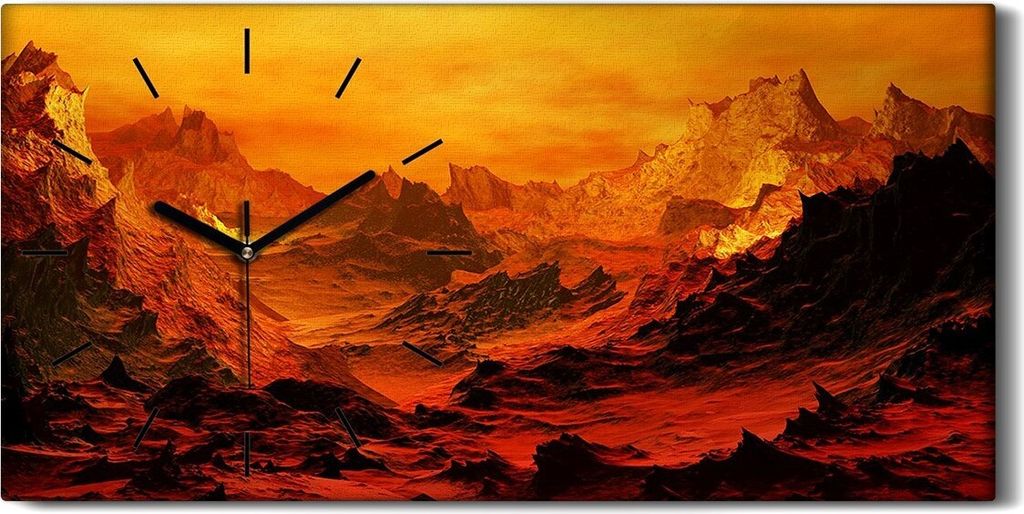 Dekor Leinwand Uhr Wandbilder Quarz 60x30 Vulkan Gestein Berge Feuer Krater - schwarze Hände