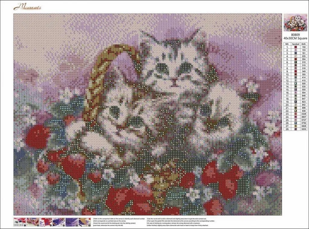 Broderie de diamants chat pour salon - Tableau strass DIY 35x45cm