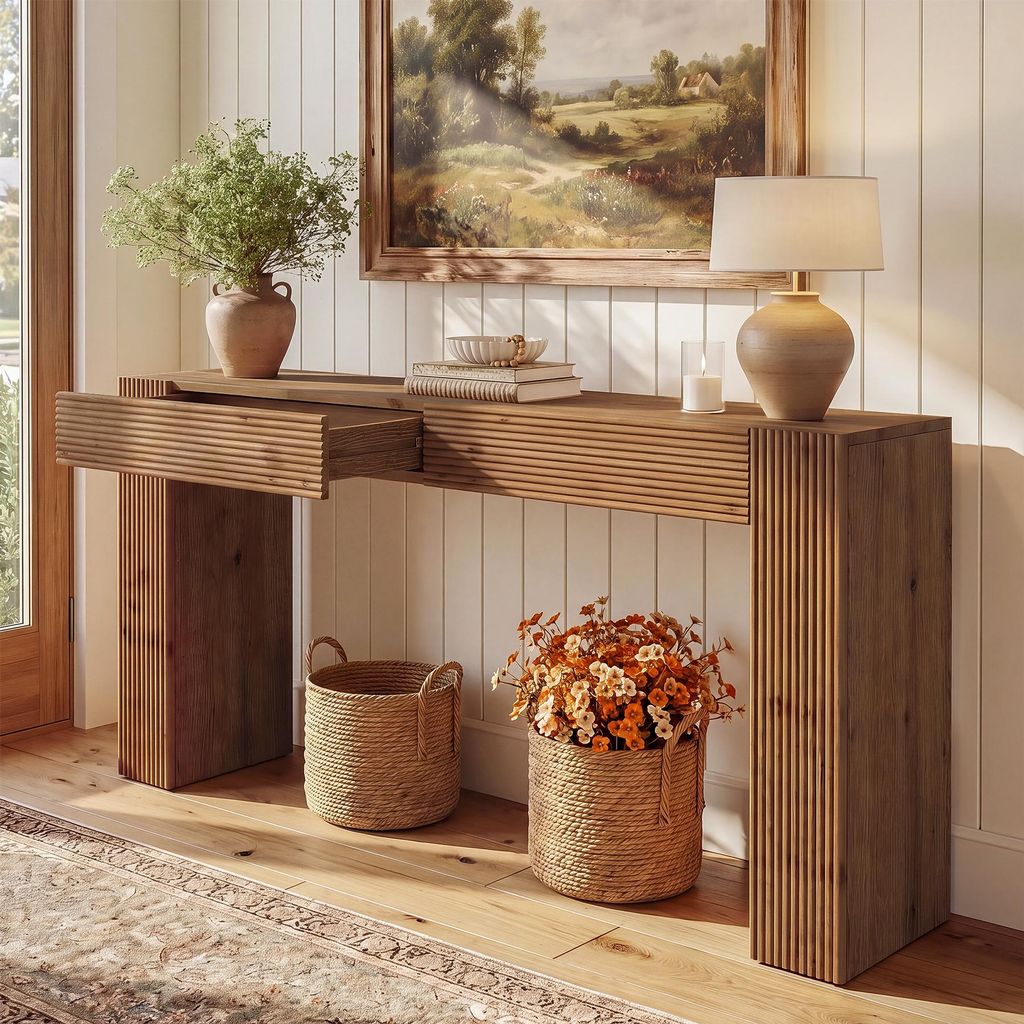 Tavolino consolle in legno massello da 160 cm con cassetti, Immagine del prodotto 