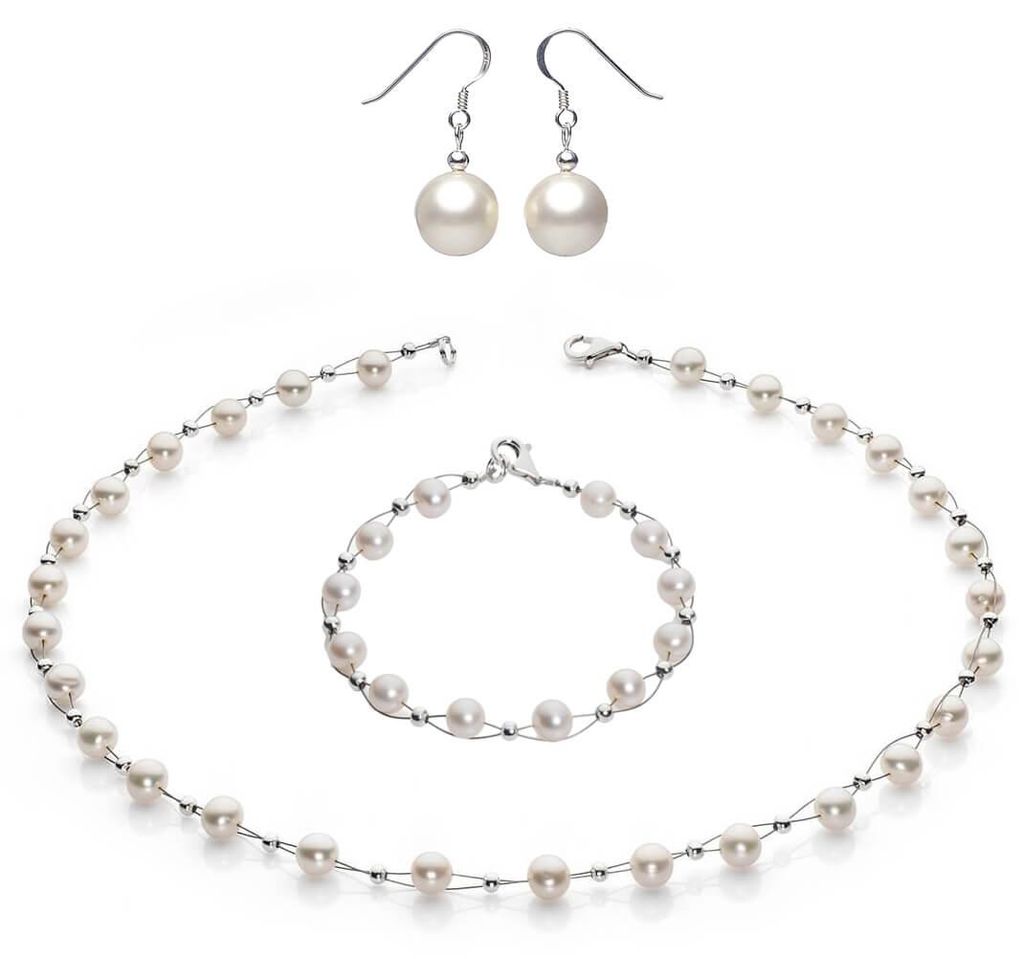 Schmuck-Set-aus-Perlen-Perlenkette-Collier-Armband-und-Paar-Ohrhänger