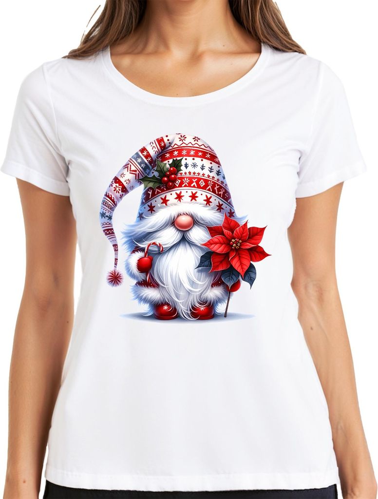 Niedlicher Weihnachtswichtel mit Weihnachtsstern und Zuckerstange Damen T-Shirt, Weiß, L