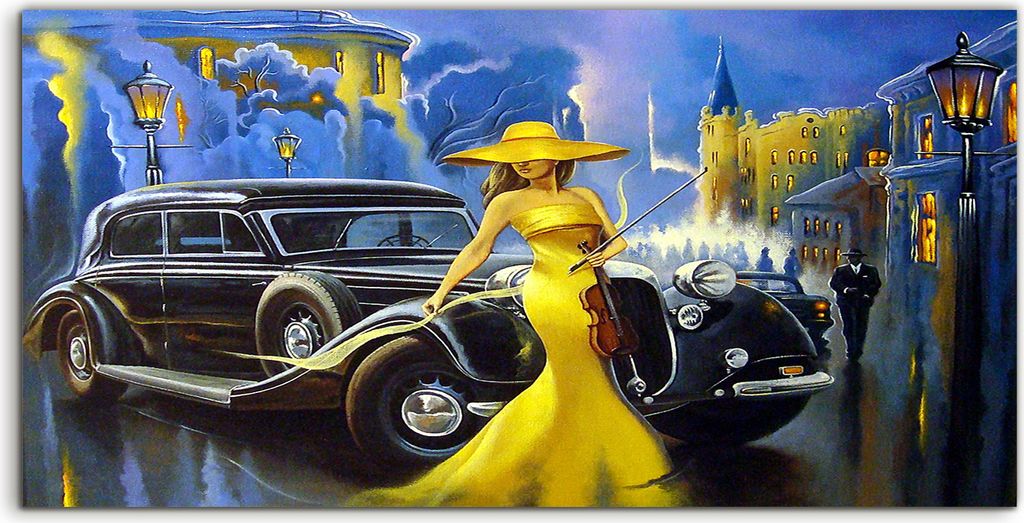 Coloray Acrylbild 140x70 Wandbild Acrylbilder Malerin Frau Auto Alt Stadt Straße