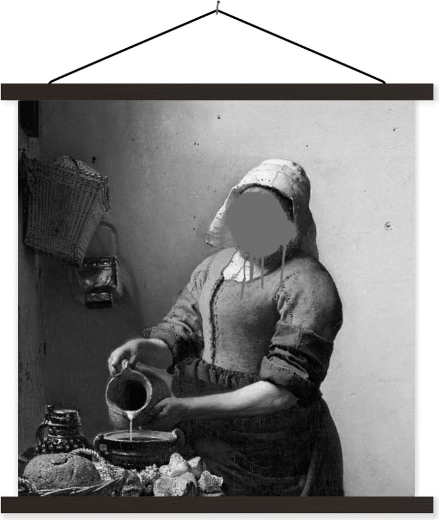 MuchoWow Textilposter Das Milchmädchen - Johannes Vermeer - Schwarz und weiß 120x120 cm mit schwarzem Rahmen - Aufhängungsset