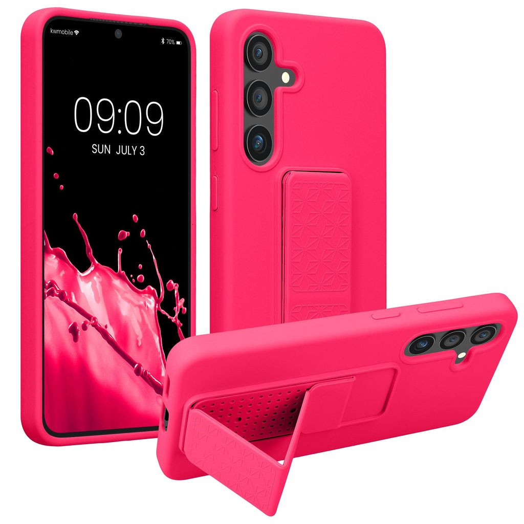 kwmobile Handyhülle für Samsung Galaxy S24 Hülle - TPU Silikon Case mit Fingerhalter und Stand - Schutzhülle Cover in Neon Pink