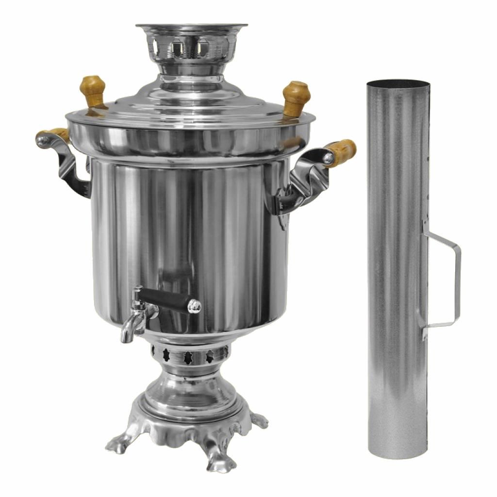A stainless steel samovar with a chimney is displayed against a white background.