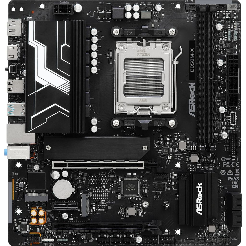 Asrock B850M-X, AMD, Sockel AM5, AMD Ryzen 7000 Series, AMD Ryzen 8000 Series, AMD Ryzen 9000 Series, Sockel AM5, DDR5-SDRAM, 128 GB