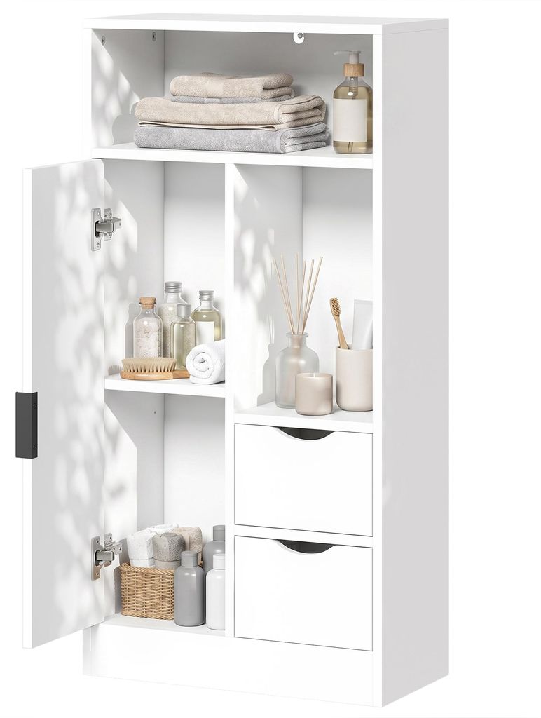 Schmaler Badezimmerschrank mit Schubladen und offenen Produktbild 