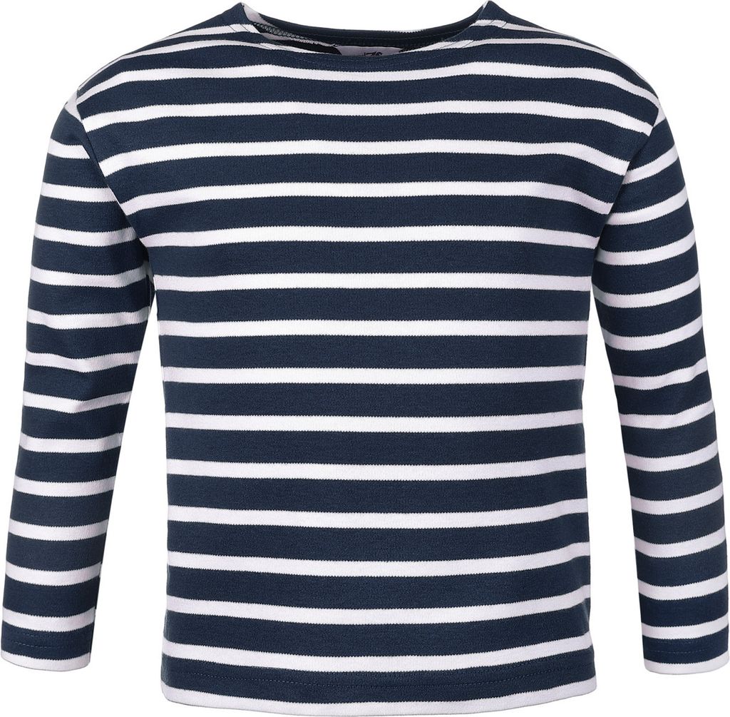 modAS Bretonisches Shirt für Kinder - Longsleeve Pullover Langarm Shirt mit Streifen Mädchen Jungen aus Baumwolle in Blau-Melange-Weiß Größe 74