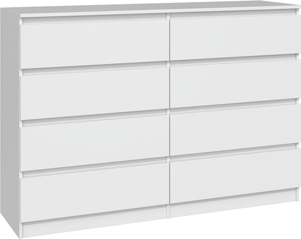 A white dresser with eight drawers against a white background.