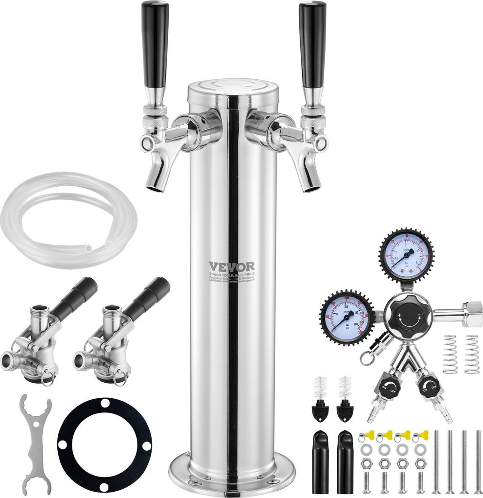 Bierspender Bierturm, Bier-Umrüstsatz mit zwei Zapfhähnen, Bier-Turm-Zapfanlage aus Edelstahl mit Doppelmessgerät W21.8-Regler und S-System-Fass...