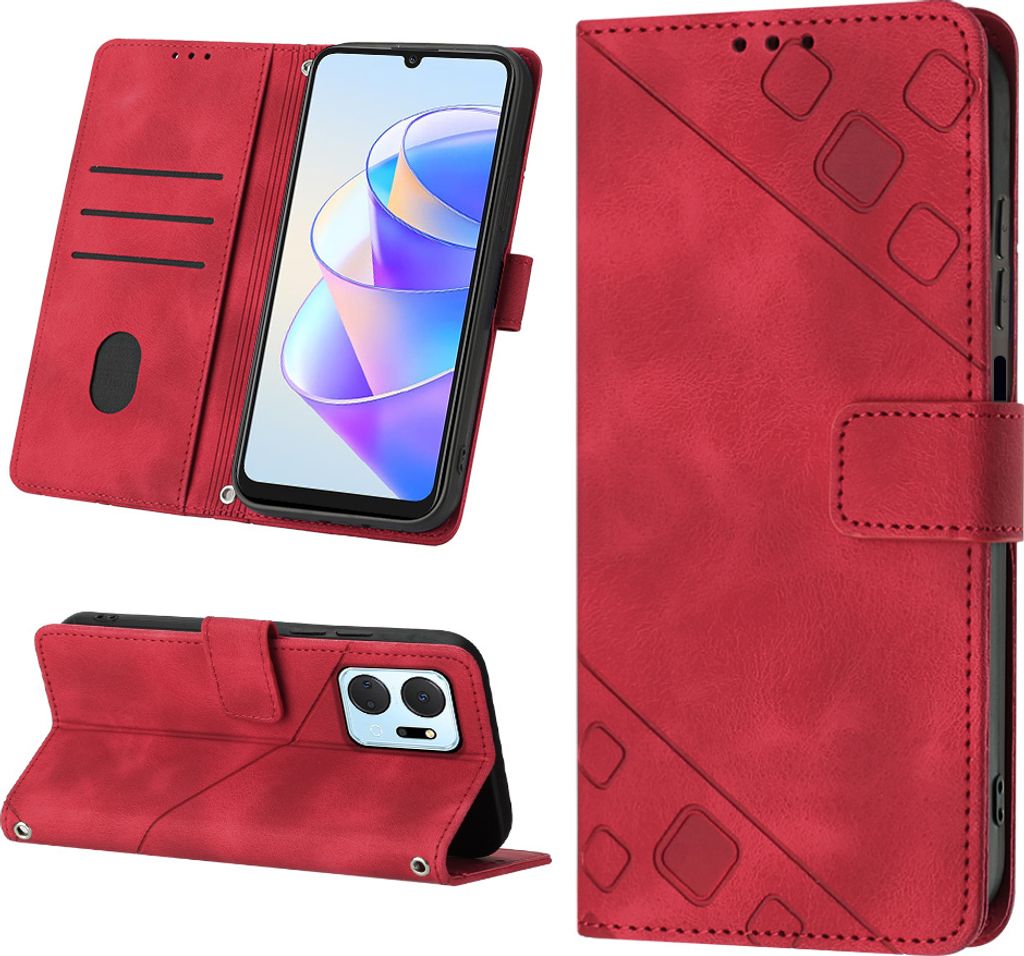 Hülle für Honor X7A Prägung Flip Leder Brieftasche Schutzhülle mit Ständer Rot