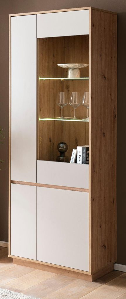 Vitrine "Kiruma" in Kaschmir und Artisan Eiche Vitrinenschrank 75 x 205 cm, Soft-Close