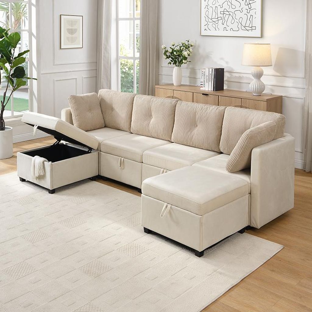 Merax Modulares U-Sofa mit Stauraum, 6-Sitzer Ecksofa wandelbar zu L-Form und Liegebett, Wohnzimmersofa Couch mit Samt-Cord und Massivholzrahmen,Beige
