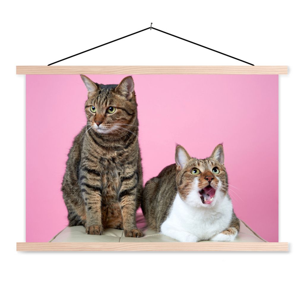 MuchoWow Textilposter Katze - Rosa - Pouf - Mädchen - Kinder - Kinder 120x80 cm mit holzfarbenen Rahmen - Aufhängeset