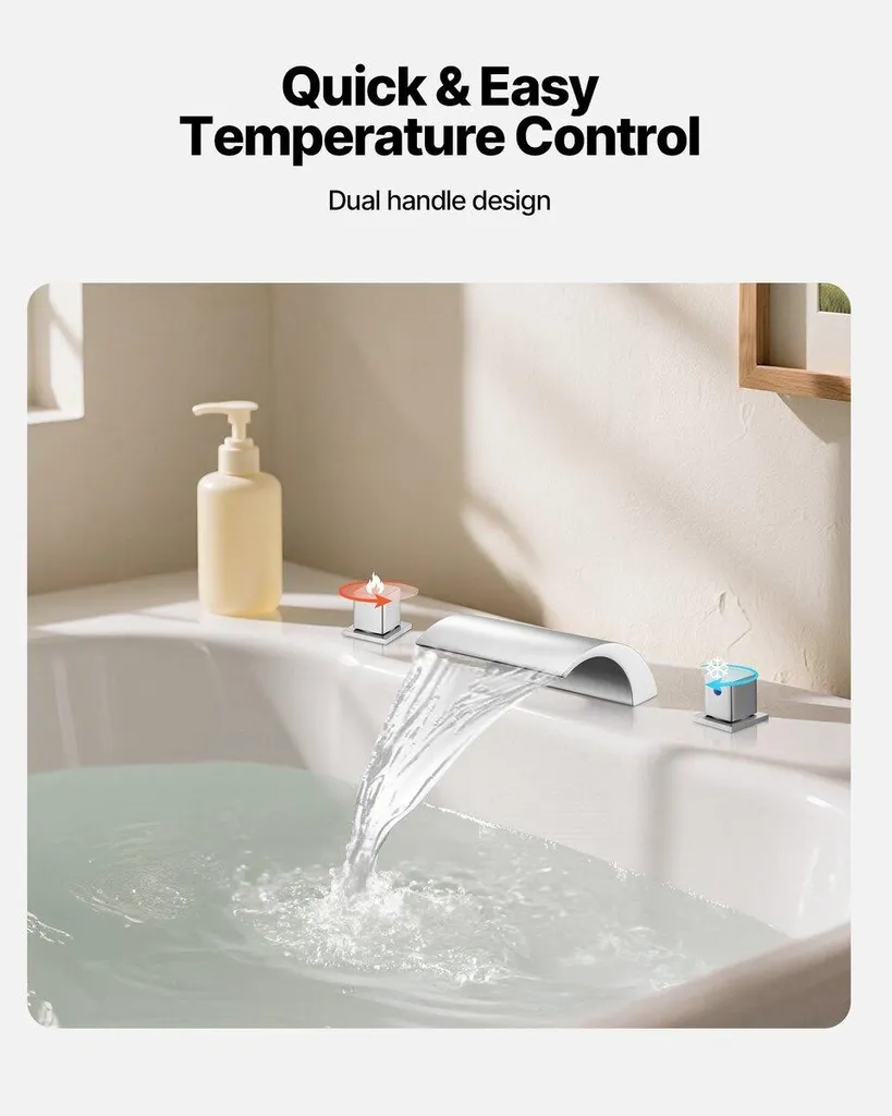 Mélangeur de baignoire cascade 3 trous avec douchette argent chromé - 6