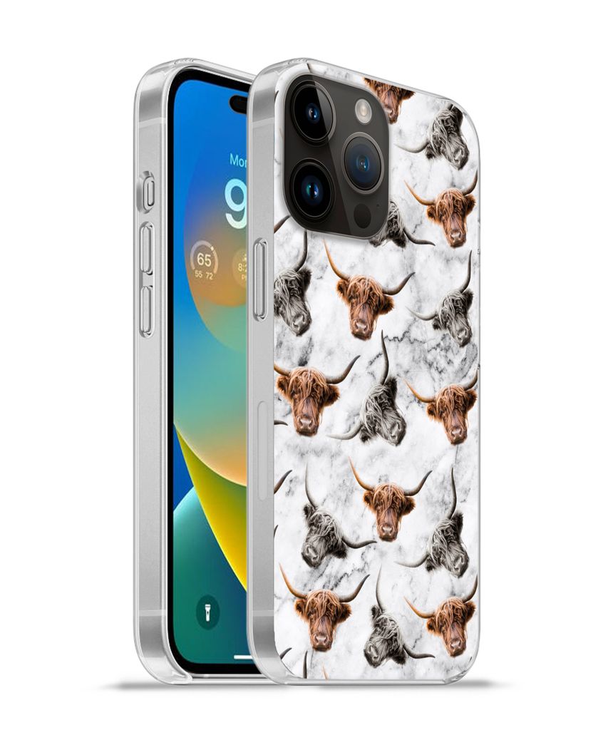 MuchoWow Handyhülle Schutzhülle Hülle für Apple iPhone 14 Pro - Softcase Schottischer Highlander - Kuh - Marmor Silikon Softcase Handy Hülle...