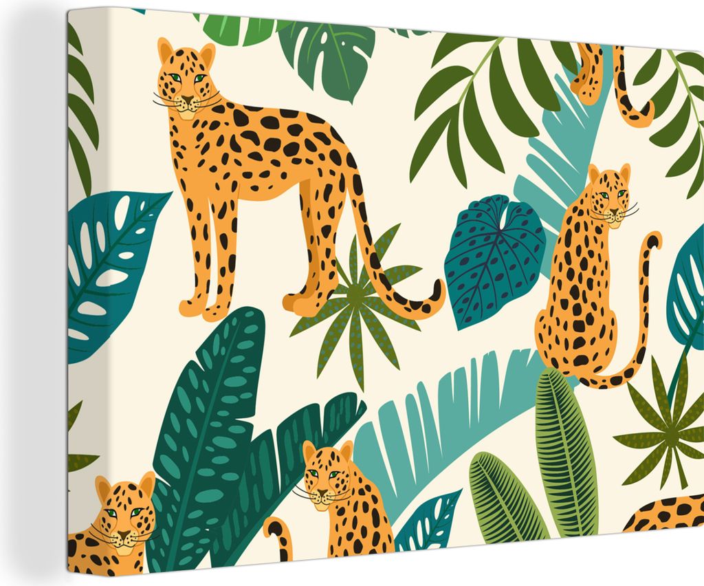 OneMillionCanvasses - Leinwandbilder - 150x100 cm, Dschungel - Leopard - Pflanzen - Muster - Mädchen - Jungen, Wandbilder Kunstdruck Wanddekorat...