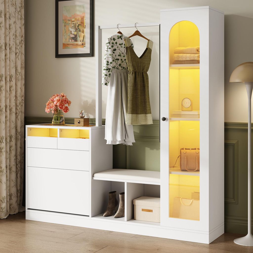 Merax 6-in-1 Garderoben-Set, Flurschrank mit Spiegel, Schuhschrank mit Kleiderstange und 9 Stauraumfächern, Eingangsbereich-Schrank (100x33x190 cm)